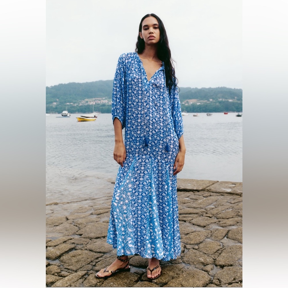 Zara Blue and White Floral V-Neck Dress XS